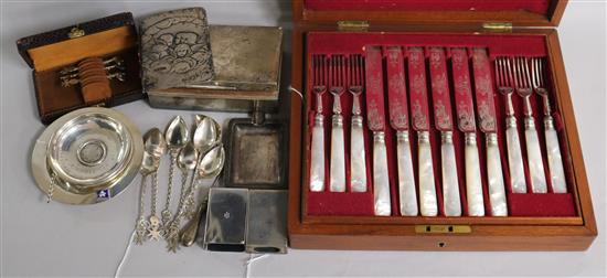 A silver cigarette box and sundry silver items,